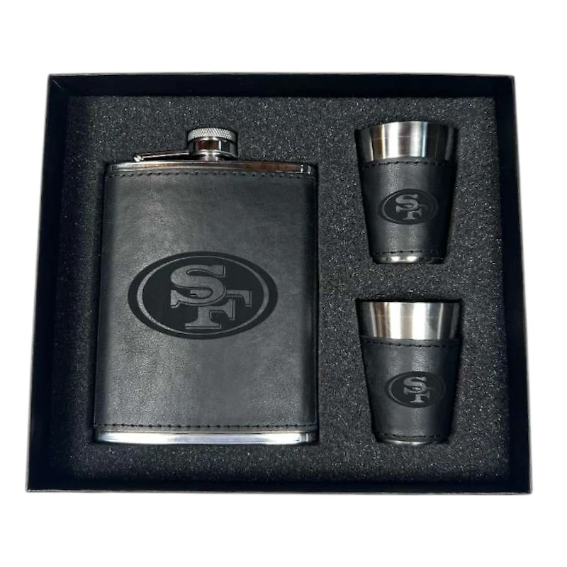 San Francisco 49ers Black Leather 3 Piece Flask and Shot Glass Set