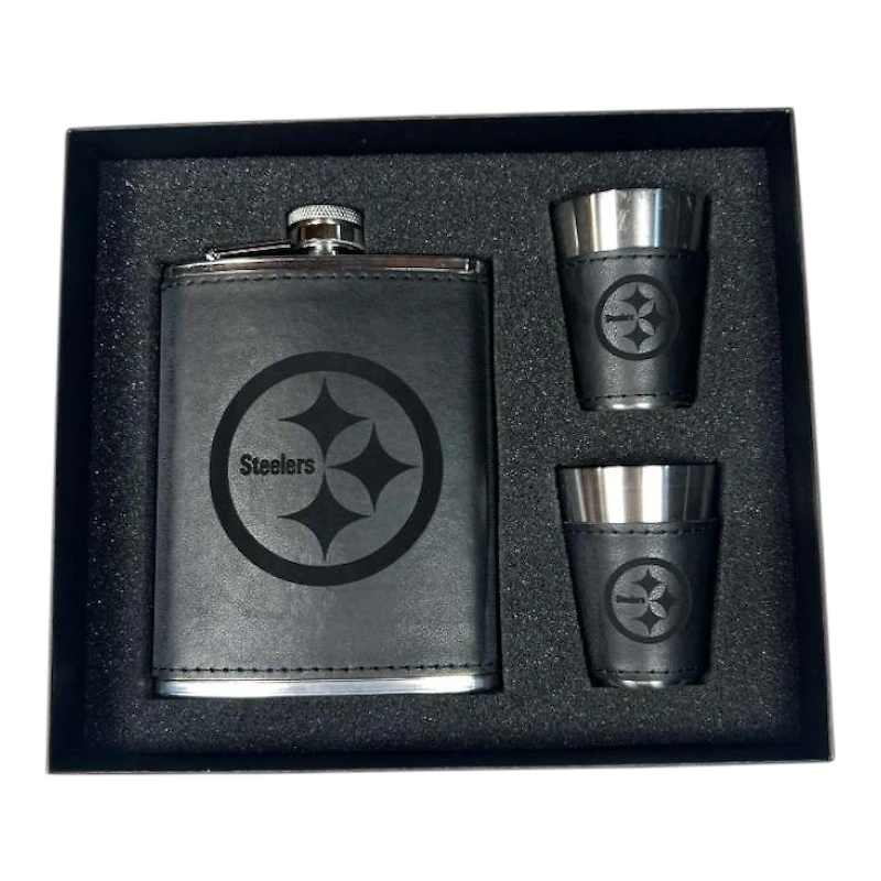 Pittsburgh Steelers Black Leather 3 Piece Flask and Shot Glass Set