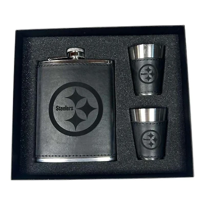 Pittsburgh Steelers Black Leather 3 Piece Flask and Shot Glass Set