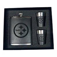 Pittsburgh Steelers Black Leather 3 Piece Flask and Shot Glass Set