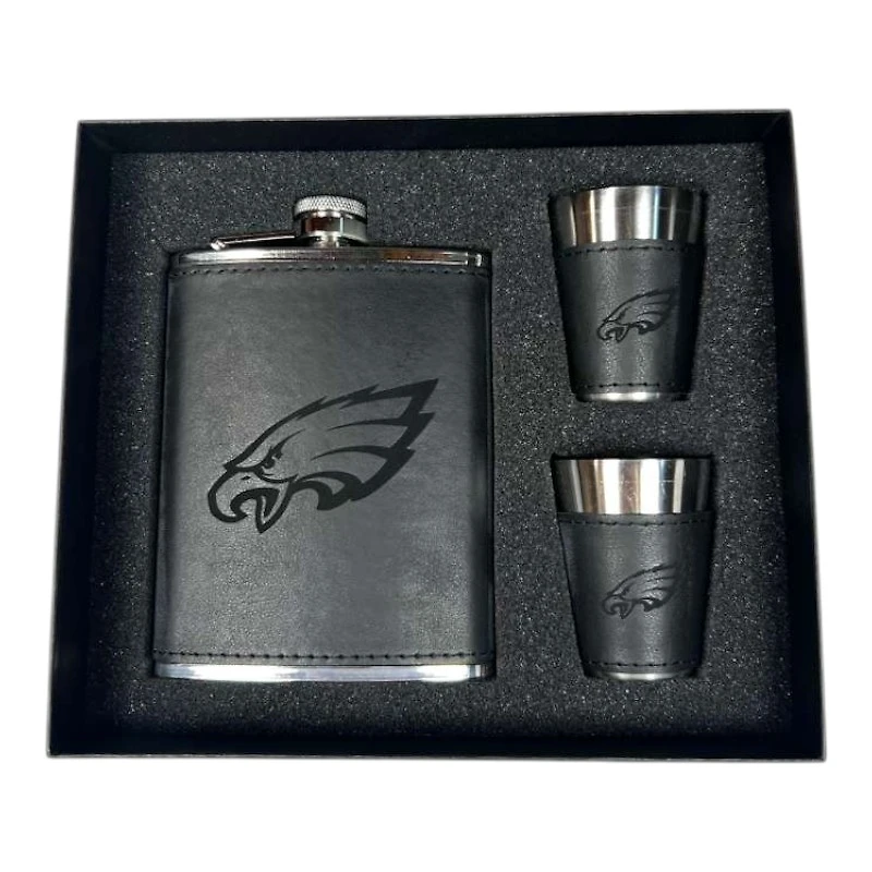 Philadelphia Eagles Black Leather 3 Piece Flask and Shot Glass Set