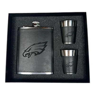 Philadelphia Eagles Black Leather 3 Piece Flask and Shot Glass Set