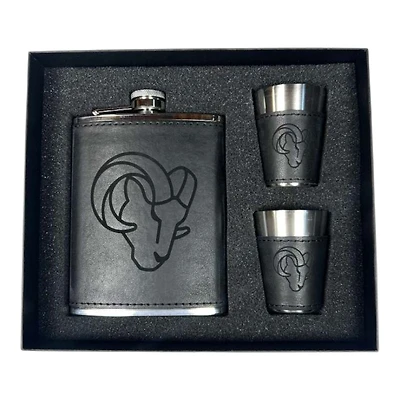 Los Angeles Rams Black Leather 3 Piece Flask and Shot Glass Set