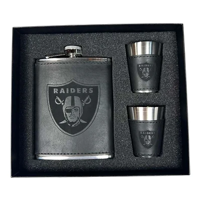 Las Vegas Raiders Black Leather 3 Piece Flask and Shot Glass Set