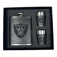 Las Vegas Raiders Black Leather 3 Piece Flask and Shot Glass Set
