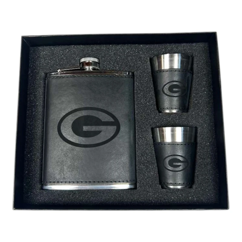 Green Bay Packers Black Leather 3 Piece Flask and Shot Glass Set