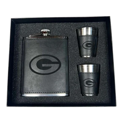 Green Bay Packers Black Leather 3 Piece Flask and Shot Glass Set