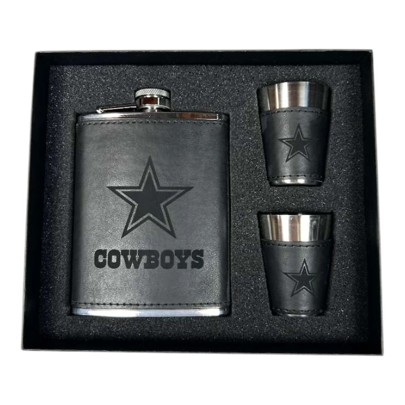 Dallas Cowboys Black Leather 3 Piece Flask and Shot Glass Set
