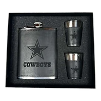 Dallas Cowboys Black Leather 3 Piece Flask and Shot Glass Set