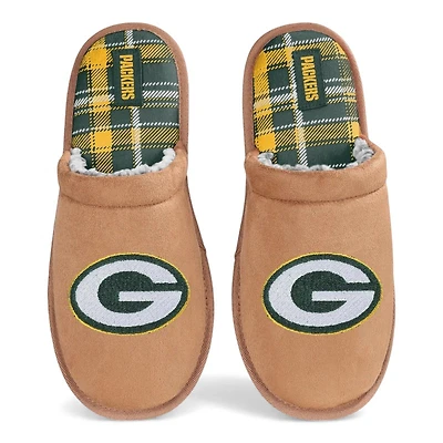 Men's Green Bay Packers Flannel Lined Brown Suede Scuff Slipper