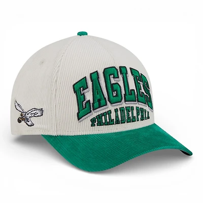 Philadelphia Eagles Cream and Green Stacked Corduroy New Era 9FORTY M-Crown A-Frame Adjustable Hat