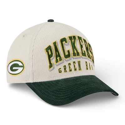 Green Bay Packers Cream and Green Stacked Corduroy New Era 9FORTY M-Crown A-Frame Adjustable Hat
