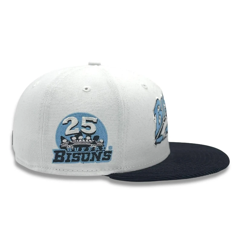 Buffalo Bisons White with Black Corduroy 25th Anniversary Patch Icy Blue UV MiLB New Era 59FIFTY Fitted Hat