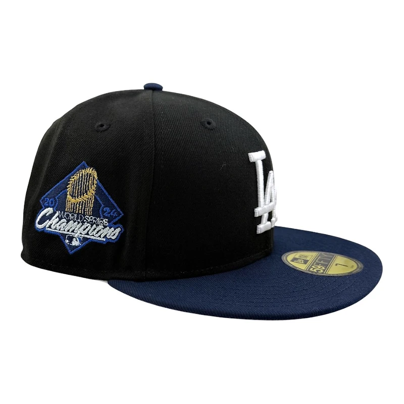 Los Angeles Dodgers Black and Ocean Blue Two Tone 2024 WS Champs Patch Grey UV New Era 59FIFTY Fitted Hat