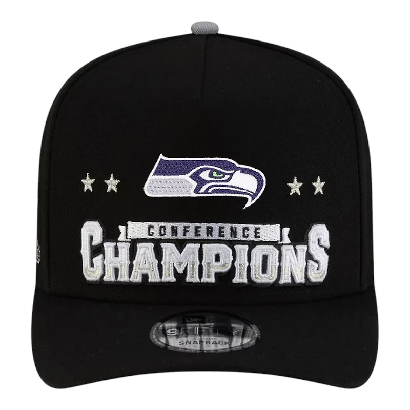 Seattle Seahawks Black 2025 NFC Champions Locker Room Trophy Collection New Era 9FIFTY A-Frame Snapback Hat