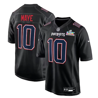 New England Patriots Drake Maye Super Bowl LX Patch Nike Carbon Black Fashion Game Jersey