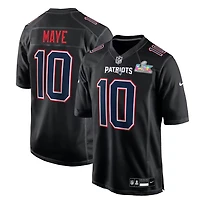 New England Patriots Drake Maye Super Bowl LX Patch Nike Carbon Black Fashion Game Jersey