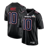 New England Patriots Drake Maye Super Bowl LX Patch Nike Carbon Black Fashion Game Jersey