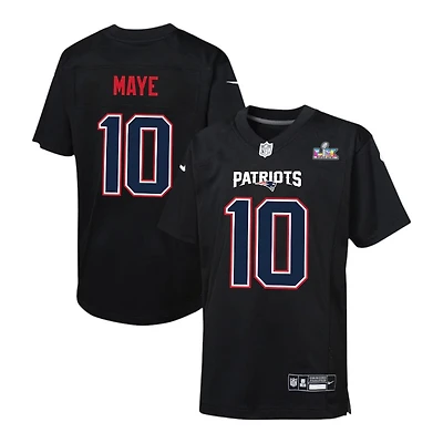 Youth New England Patriots Drake Maye Super Bowl LX Patch Black Carbon Nike Game Jersey