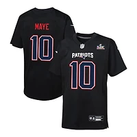 Youth New England Patriots Drake Maye Super Bowl LX Patch Black Carbon Nike Game Jersey