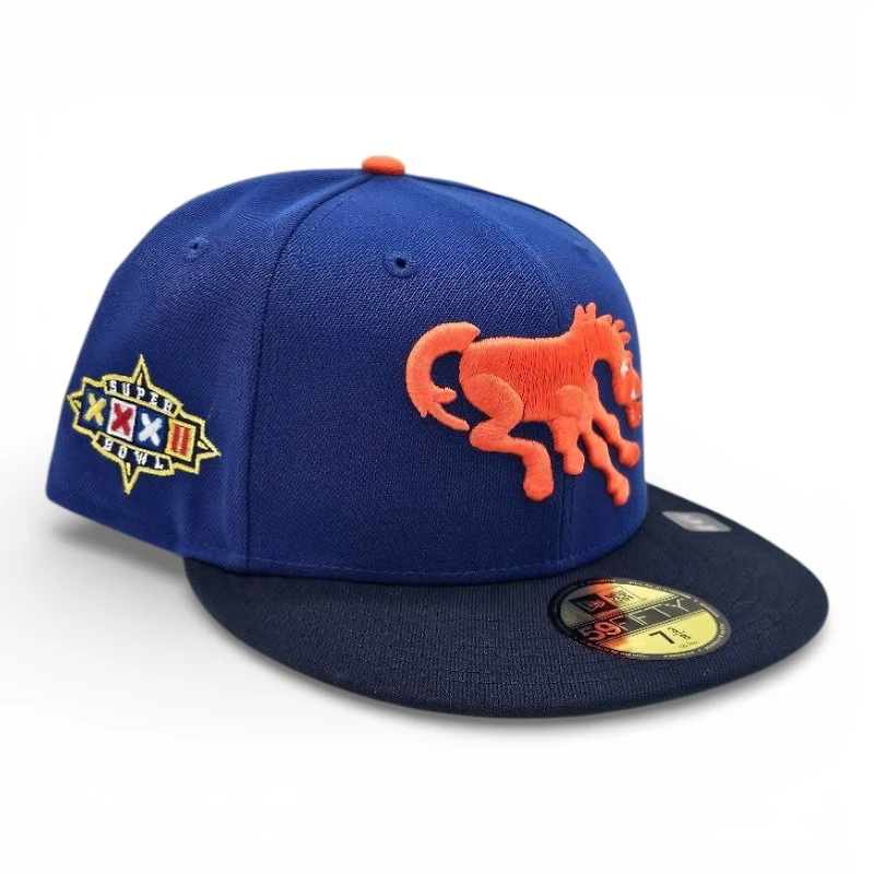 Denver Broncos Majestic Blue Oceanside 2T Leon the Lab Superbowl XXXII Patch Green UV New Era 59FIFTY Fitted Hat