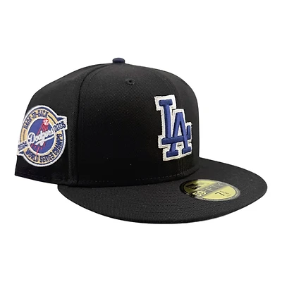 Los Angeles Dodgers Black with Blue LA Logo Back to Champs Circle Patch Gray UV New Era 59FIFTY Fitted Hat