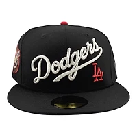 Los Angeles Dodgers Black Script Logo Back to Champs Circle Patch Gray UV New Era 59FIFTY Fitted Hat