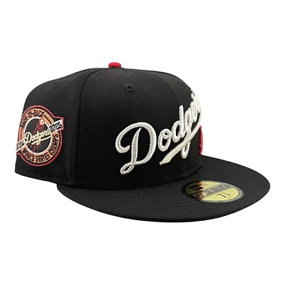 Los Angeles Dodgers Black Script Logo Back to Champs Circle Patch Gray UV New Era 59FIFTY Fitted Hat