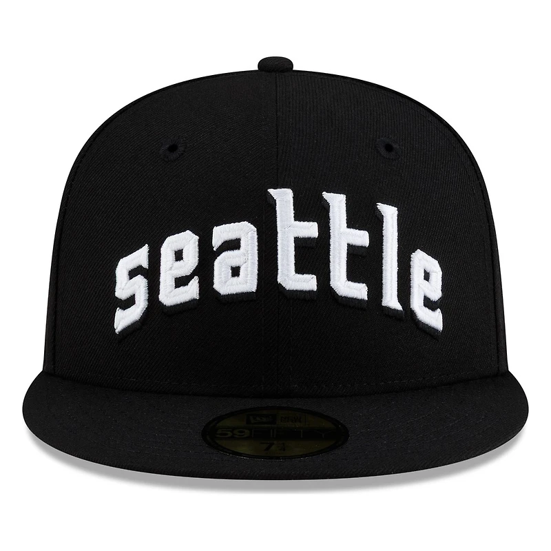 Seattle Mariners Black and White Lowercase Wordmark New Era 59FIFTY Fitted Hat
