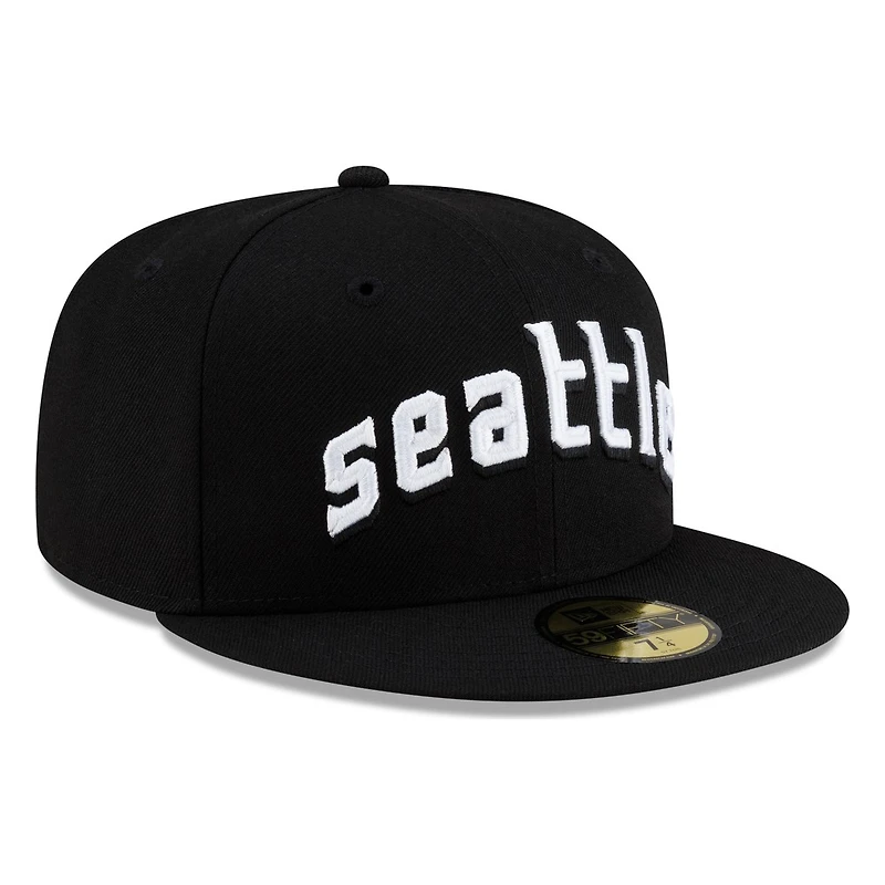 Seattle Mariners Black and White Lowercase Wordmark New Era 59FIFTY Fitted Hat