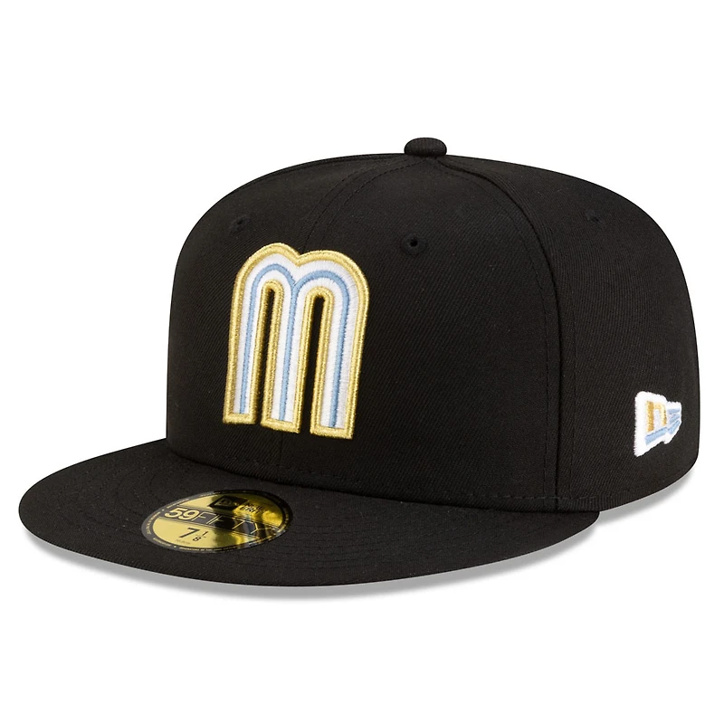 Mexico Black with Gold and Blue M Logo Flag Side Patch Batterman Icy UV New Era 59FIFTY Fitted Hat