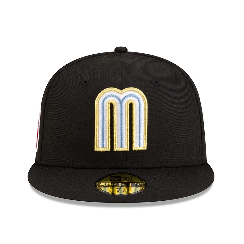 Mexico Black with Gold and Blue M Logo Flag Side Patch Batterman Icy UV New Era 59FIFTY Fitted Hat