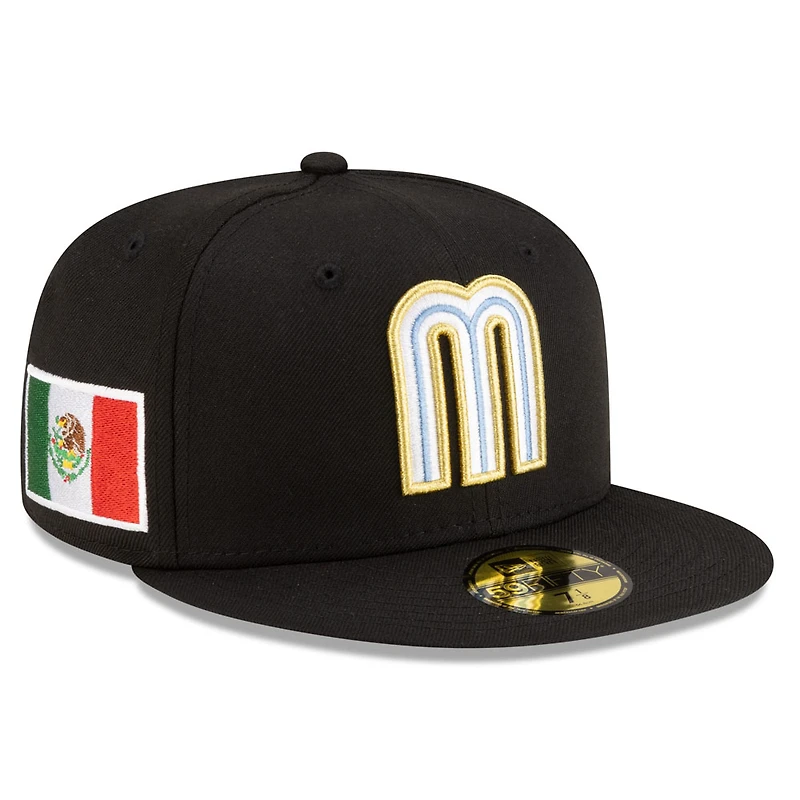 Mexico Black with Gold and Blue M Logo Flag Side Patch Batterman Icy UV New Era 59FIFTY Fitted Hat
