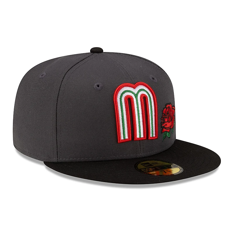 Mexico Graphite and Black with Rose Flag Patch Batterman Gray UV New Era 59FIFTY Fitted Hat