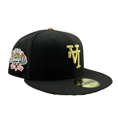 Los Angeles Dodgers Black with Metallic Gold Upside Down LA 100th Anniversary Patch Green UV New Era 59FIFTY Fitted Hat