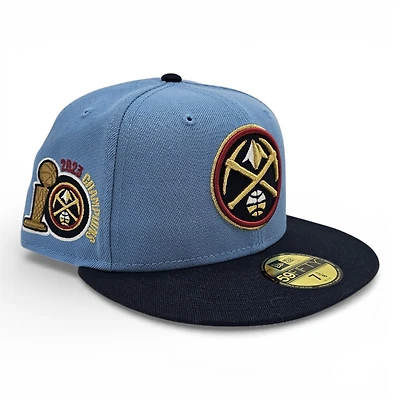 Denver Nuggets Sky Blue Oceanside 2T Leon the Lab 2023 Champions Patch Grey UV New Era 59FIFTY Fitted Hat