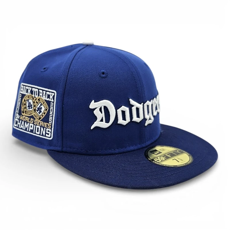 Los Angeles Dodgers Majestic Blue Dark Royal 2T Leon the Lab Back to Champs Patch Grey UV New Era 59FIFTY Fitted Hat