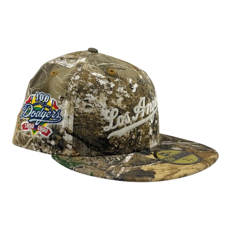 Los Angeles Dodgers Realtree Camo City Script 100th Anniversary Patch Grey UV New Era 59FIFTY Fitted Hat