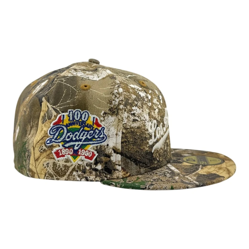 Los Angeles Dodgers Realtree Camo City Script 100th Anniversary Patch Grey UV New Era 59FIFTY Fitted Hat