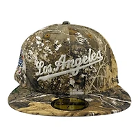 Los Angeles Dodgers Realtree Camo City Script 100th Anniversary Patch Grey UV New Era 59FIFTY Fitted Hat