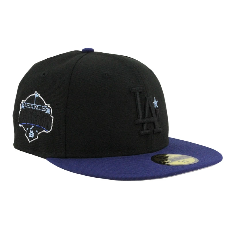 Los Angeles Dodgers Black and Dark Royal with Front Star Back to World Champions Patch Grey UV New Era 59FIFTY Fitted Hat