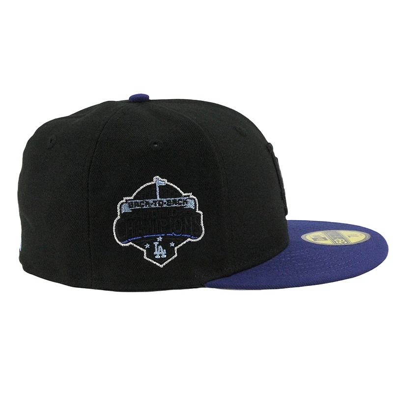 Los Angeles Dodgers Black and Dark Royal with Front Star Back to World Champions Patch Grey UV New Era 59FIFTY Fitted Hat