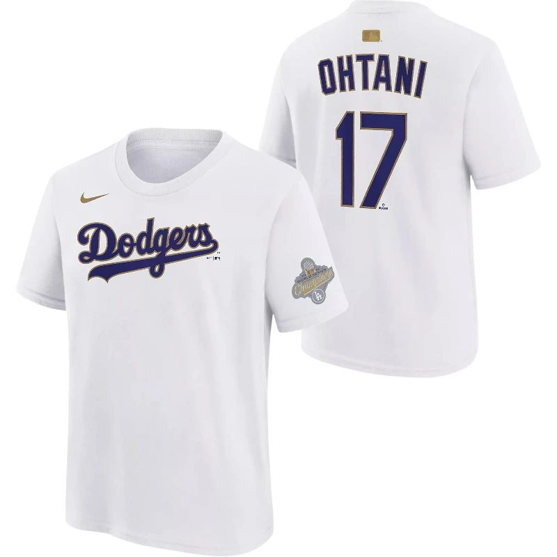 Youth Los Angeles Dodgers Shohei Ohtani White Nike 2026 Gold Collection Name & Number T-Shirt