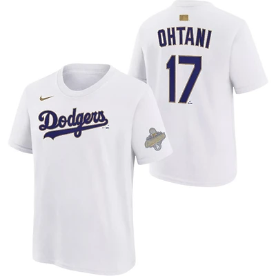 Youth Los Angeles Dodgers Shohei Ohtani White Nike 2026 Gold Collection Name & Number T-Shirt