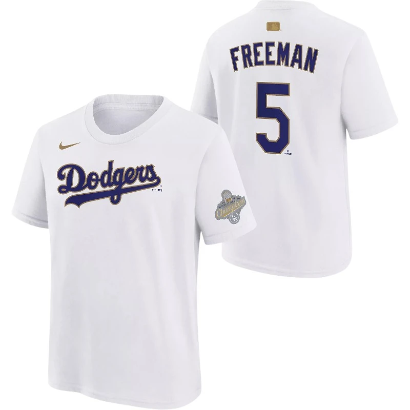 Youth Los Angeles Dodgers Freddie Freeman White Nike 2026 Gold Collection Name & Number T-Shirt