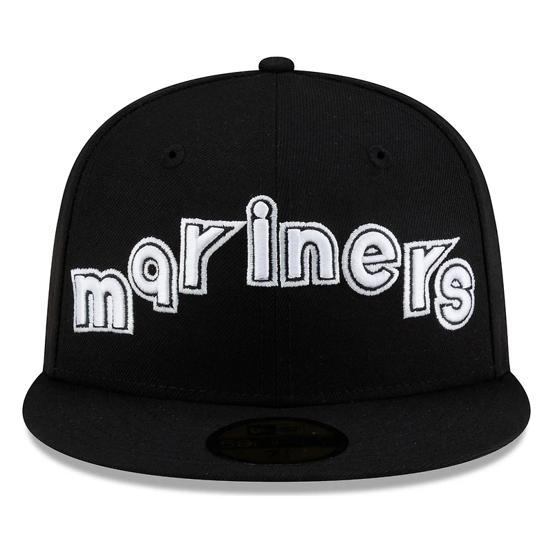 Seattle mariners Black White Outline Lowercase Wordmark New Era 59FIFTY Fitted Hat