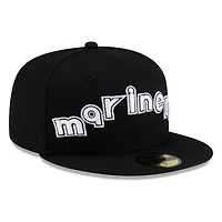 Seattle mariners Black White Outline Lowercase Wordmark New Era 59FIFTY Fitted Hat