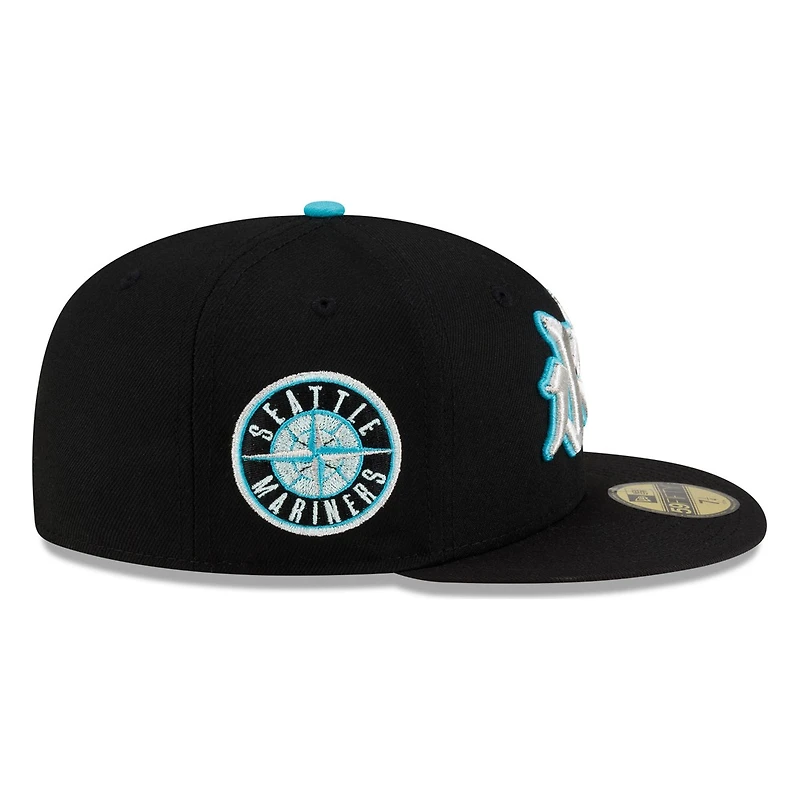 Seattle Mariners Black Teal Japanese Kanji Characters New Era 59FIFTY Fitted Hat