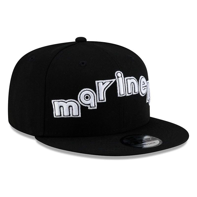 Seattle Mariners Black White Outline mariners Lowercase Wordmark New Era 9FIFTY Snapback Hat
