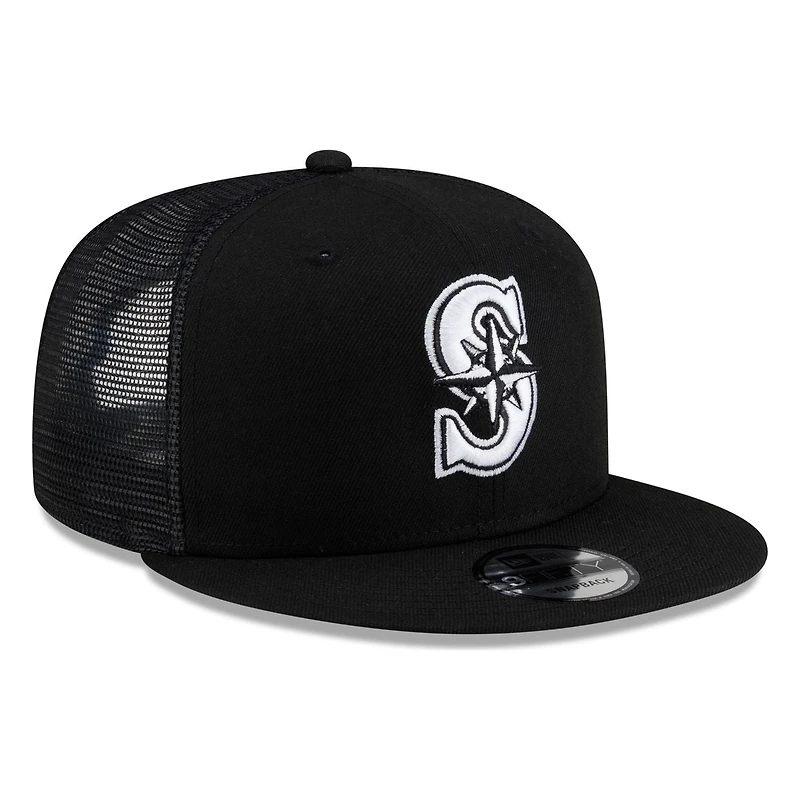 Seattle Mariners Black White "S" Compass Logo Trucker Mesh New Era 9FIFTY Snapback Hat